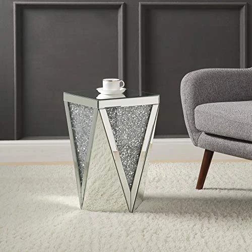 MIREO Mirrored End Table With Crystal Inlay, Square Modern Side Table Silver Accent Table, Drum End Table For Living Room Bedroom From Fine Furnitureā¦