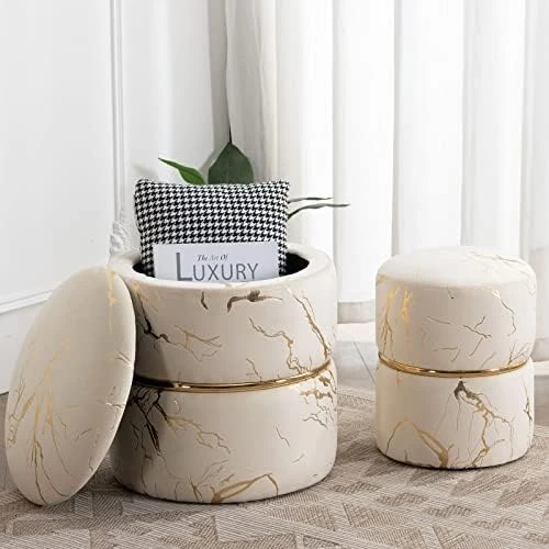 Furnimart Round Bronzing Velvet Storage Ottoman,Vanity Stool Chair,Upholstered Foot Rest Stool With Gold Plating Band For Living Room Or Bedroom,Pack Of 2 - Image 8
