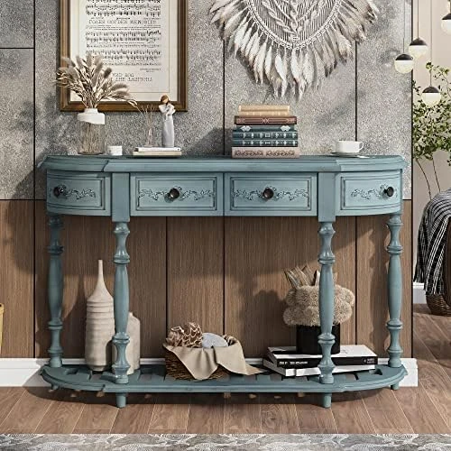 Polibi Retro Curved Console Table With Open Style Shelf And 4 Top Drawers, 52" W Half Moon Entry Table With Solid Wooden Frame And Legs For Living Room, Entryway And Hallway, Antique Grey - Image 6