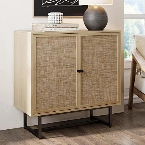 Nathan James Kova Accent Natural Storage Cabinet Sideboard Wood And Rattan With Matte Metal Frame, Adjustable Interior Shelves And Cane Doors, For Hallway, Entryway Or Living Room, Light Oak/Black - Image 4