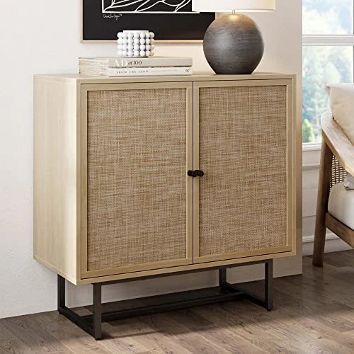 Nathan James Kova Accent Natural Storage Cabinet Sideboard Wood And Rattan With Matte Metal Frame, Adjustable Interior Shelves And Cane Doors, For Hallway, Entryway Or Living Room, Light Oak/Black