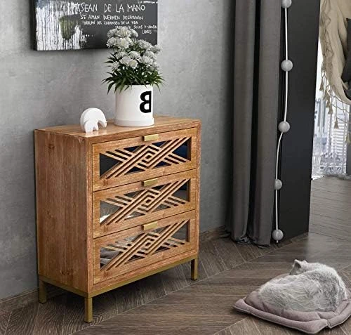LONYKE Mid Century Modern Dresser, 2 Door Accent Cabinet Woven With Mirror Fronts Clean-Lined Silhouette, Natural - Image 6