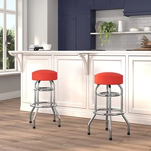 Flash Furniture Bruno 2 Pack Double Ring Chrome Barstool With Red Seat - Image 7
