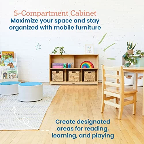ECR4Kids 5-Compartment Mobile Storage Cabinet, 30in, Classroom Furniture, Natural & ELR-0451 2 Shelf Storage Birch Cabinet With Open Back, Natural - Image 4