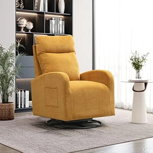 KINFFICT Modern Swivel Glider Chair, Upholstered Accent Glider Rocker For Baby Nursery, Comfy Tall Back Rocking Armchair With Side Pocket And Headrest For Living Room, Bedroom, White Teddy Fabric - Image 11