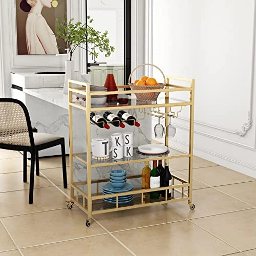 LORMITER Bar Cart Gold With Bottle Storage And Wine Glass, Rolling Serving Bar Cart On Wheels Indoor & Outdoor Bar Carts For Patio, Gold Kitchen Serving Cart For Party(3-Tier) - Image 3
