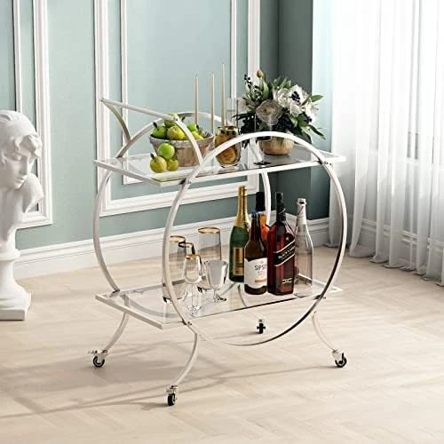 LORMITER Silver Bar Carts With 3 Tier Glass Shelves, Rolling Serving Bar Cart With Wine Rack And Glass Holder, Home Bar Carts & Wine Carts On Wheels For Kitchen, Indoor & Outdoor - Image 10