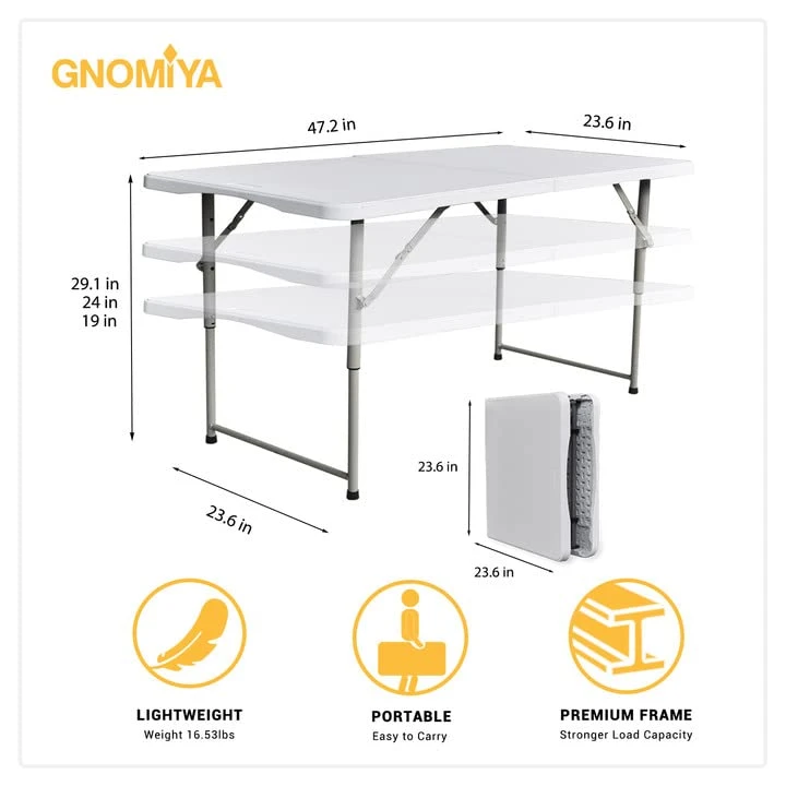Gnomiya Folding Tables, Portable Folding Card Table Indoor Outdoor Heavy Duty Fold-in-Half Plastic Foldable Dining Table W/Handle, Lock For Picnic, Party, Camping(4ft) - Image 2