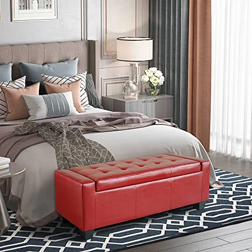 HOMCOM 51" Faux Leather Rectangular Tufted Storage Ottoman - Bright Red