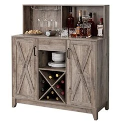 HOSTACK Wine Bar Cabinet For Liquor And Glasses, Barn Doors Wine Cabinet With Adjustable Storage Shelves, Wooden Sideboard Buffet Storage Cabinet For Kitchen, Dining Room, Farmhouse Ash Grey