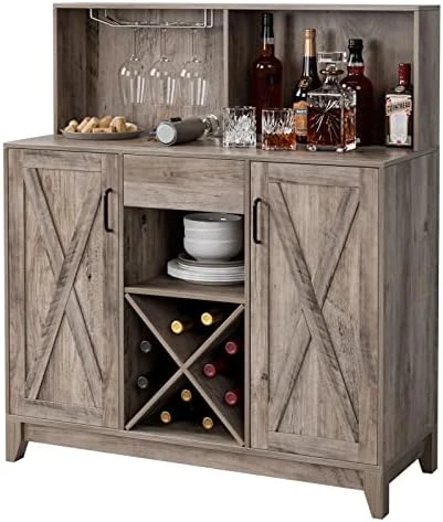 HOSTACK Wine Bar Cabinet For Liquor And Glasses, Barn Doors Wine Cabinet With Adjustable Storage Shelves, Wooden Sideboard Buffet Storage Cabinet For Kitchen, Dining Room, Farmhouse Ash Grey - Image 7