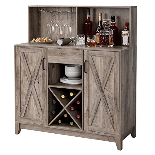 HOSTACK Wine Bar Cabinet For Liquor And Glasses, Barn Doors Wine Cabinet With Adjustable Storage Shelves, Wooden Sideboard Buffet Storage Cabinet For Kitchen, Dining Room, Farmhouse Ash Grey