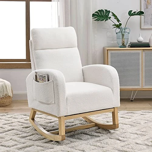 JEEOHEY Nursery Rocking Chair, Modern Upholstered Teddy Fabric Rocker Glider Chairs Single Sofa Chair With Solid Wood Legs, Side Pockets, White