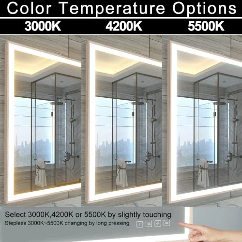 HAUSCHEN HOME 32 X 40 Inch LED Bathroom Mirror, Aluminum Frame With Wooden Effect, Wall Mounted Dimmable Vanity Mirror, Anti-Fog, 3-Color Warm/Natural/White Light, Horizonal & Vertical - Image 4