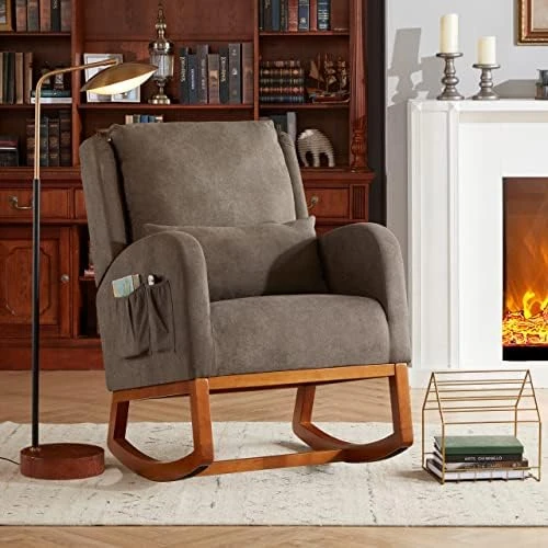 Iroomy Modern Accent Upholstered Rocking Glider Rocker High Back Arm Chair W/2 Side Pockets, Indoor For Living Room/Bedroom/Nursery-Beige - Image 9
