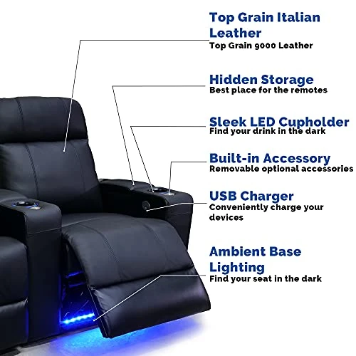 Valencia Piacenza Home Theater Seating | Premium Top Grain Nappa 9000 Leather, Power Recliner, LED Lighting (Row Of 2 Loveseat, Black)