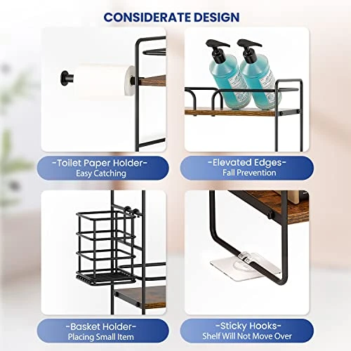 SEIRIONE 2-Tier Over The Toilet Storage Shelf,Wooden Toilet Shelf Organizer With Toilet Paper Holder Storage,Compact Bathroom Toilet Shelf Over Toilet Tank Tray With 3 Mounting Options,Rustic Brown - Image 2