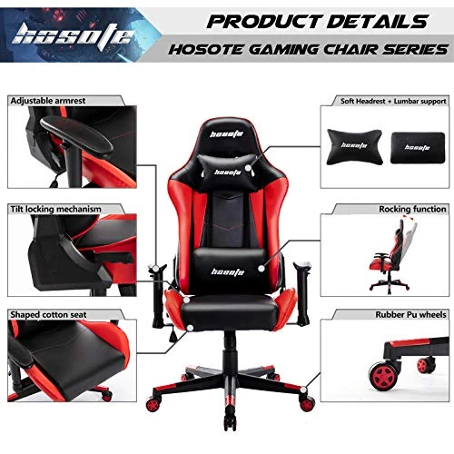 Hosote Ergonomic Gaming Chair For Adults, High Back Racing Computer Gaming Chair, E-Sports Gamer Chair, Big And Tall Video Gaming Chair, PU Leather Desk Chair Task Chair Office Chair(Red,Black) - Image 3
