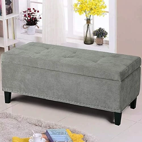 Asense Linen Fabric Rectangle Tufted Lift Top Storage Ottoman Bench, Footstool With Solid Wood Legs Upholstered Storage Bench (Noble Beige) - Image 15