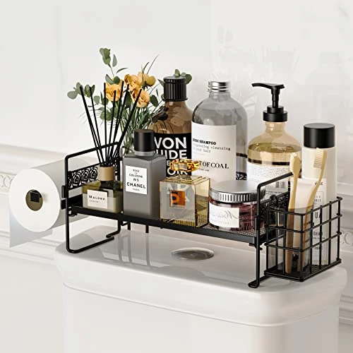 Iirios Over The Toilet Storage, 1-Tier Bathroom Organizer Over Toilet, Folding Over Toilet Storage With Baskets And Paper Holder, Black