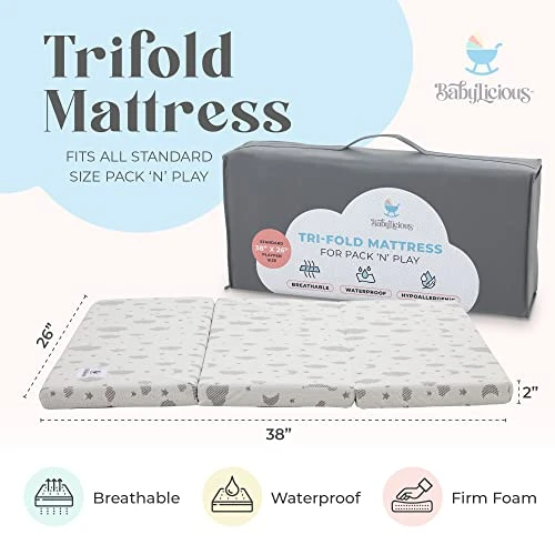 Waterproof Pack And Play Mattress Topper - 38" X 26" - Trifold Style - Breathable Soft Bamboo - Portable Trifold Playard Mattress Topper- Baby Foam Playpen Mattresses For Babies By Babylicious - Image 2