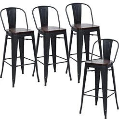Changjie Furniture 26 Inch Metal Bar Stool Kitchen Counter Bar Stools High Back Set Of 4 (26 Inch, High Back Matte Black Wooden)