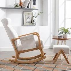 GNIXUU Glider Chair With Ottoman, Rocking Chair For Nursery, Upholstered Fabric Rocking Armchair Indoor With High Backrest For Living Room(Beige)