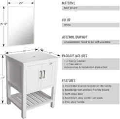 UEV 24" White Bathroom Vanity Modern Pedestal Cabinet, Modern Free-Stand Cabinet With Mirror (B06 White)