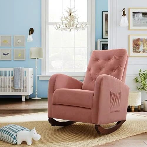 Merax Beige Modern Tufted Accent Rocking Chair, Upholstered Nursery Glider Rocker With High Backrest For Baby And Kids, Set Of 1 - Image 10