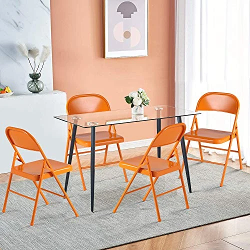 VECELO Metal Frame Folding Hold Up To 350 Pounds, Mounted Steel Chairs With Triple Braced & Double Hinged Back For Home Office, Set Of 4, Orange - Image 2