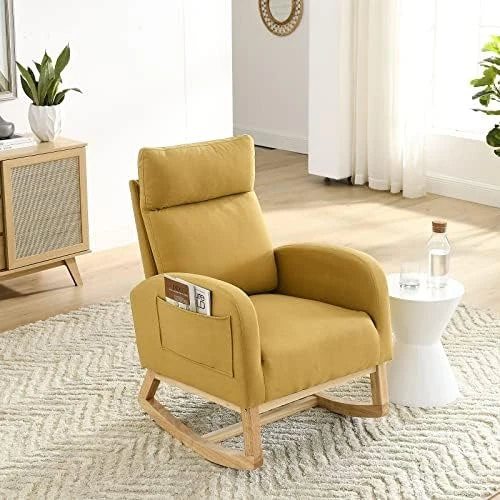 Nursery Rocking Glider Chair, Modern Fabric Tall Back Accent Rocker Chair Upholstered Arm Chair W/Side Pockets, Modern Leisure Single Sofa For Living Room, Hotel, Bedroom, Office, Beige - Image 12