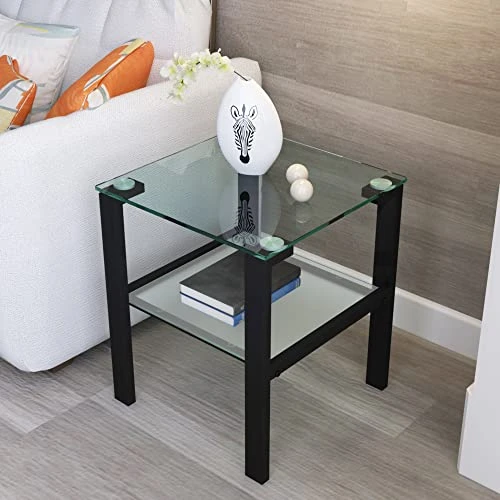 Meihua Glass Top End Table, Square Glass Side Table For Living Room&Bedroom (Black) - Image 4