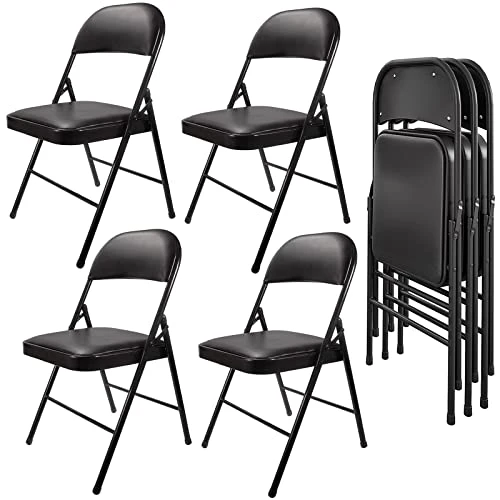 SKONYON Padded Seat Folding Chair Metal Frame Folding Chairs For Home Office, Double Braced, 4 Pack, Black