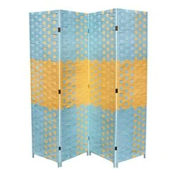 ORE International 4-Panel Screen Room Divider On 2-Inch Leg, Handcrafted, Beach Blue/Natural Straw Weave