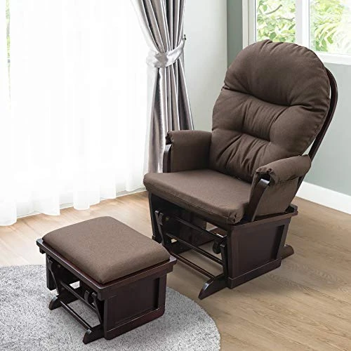 HOMCOM Nursery Glider Rocking Chair With Ottoman, Thick Padded Cushion Seating And Wood Base, Brown - Image 2