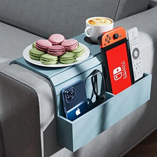 Semounva Bamboo Sofa Arm Tray With Pockets, Foldable Armrest Tray For Snack, Drinks, Phone, TV Remote, Flexible Couch Armrest Table Gift For Friends And Family (Black) - Image 6