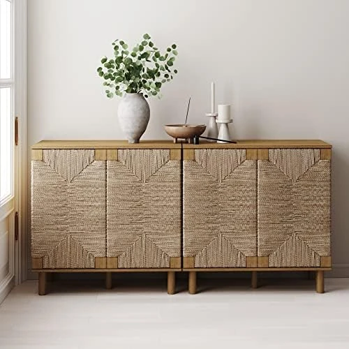 Nathan James Kova Accent Natural Storage Cabinet Sideboard Wood And Rattan With Matte Metal Frame, Adjustable Interior Shelves And Cane Doors, For Hallway, Entryway Or Living Room, Light Oak/Black - Image 5
