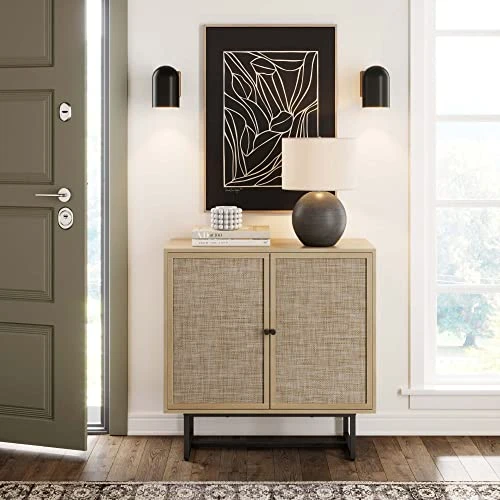 Nathan James Kova Accent Natural Storage Cabinet Sideboard Wood And Rattan With Matte Metal Frame, Adjustable Interior Shelves And Cane Doors, For Hallway, Entryway Or Living Room, Light Oak/Black - Image 2