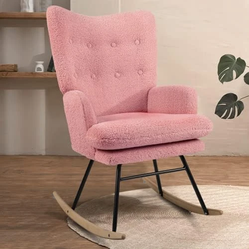 Waleaf Rocking Chair Nursery Teddy Upholstered Glider Rocker Rocking Accent Chair Padded Seat With High Backrest Armchair Bedroom Chair Comfy Chair (Grey) - Image 7