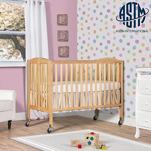 Dream On Me Folding Full Size Convenience Crib In Natural, Two Adjustable Mattress Height Positions, Comes With Heavy Duty Locking Wheels, Flat Folding - Image 2