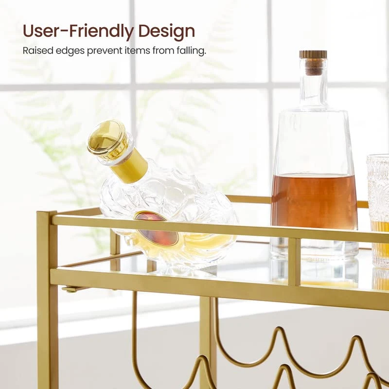 VASAGLE Bar Cart Gold, Home Bar Serving Cart, Wine Cart With 2 Mirrored Shelves, Wine Holders, Glass Holders, For Kitchen, Dining Room, Gold ULRC090A03 - Image 5