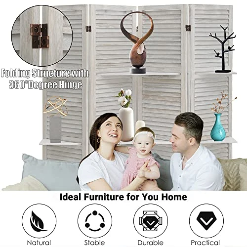 ECOMEX 4 Panel Room Divider With Shelves 5.6Ft Tall Folding Privacy Screens Room Dividers For Bedroom Home Double Hinged Wooden Room Dividers And Room Separator, White - Image 5
