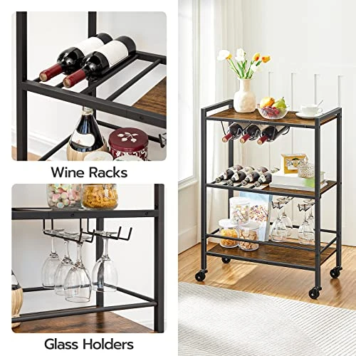 HOOBRO Bar Cart For The Home, 3-Tier Serving Cart On Wheels, Kitchen Cart With Wine Rack And Glass Holder, Rolling Beverage Cart For Living Room, Party, Bar, Rustic Brown And Black BF35TC01G1 - Image 3