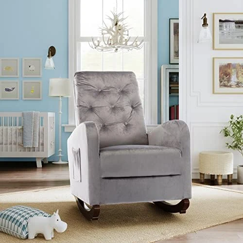 Merax Beige Modern Tufted Accent Rocking Chair, Upholstered Nursery Glider Rocker With High Backrest For Baby And Kids, Set Of 1 - Image 14