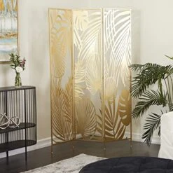 Deco 79 Metal Rectangle Room Divider Screen With Palm Leaf Patterns, 48" X 1" X 71", Gold