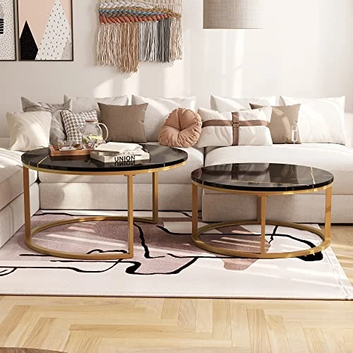 WiberWi Round Coffee Table Nesting Tables Set Of 2, Large : Γ 34.0", Small : Γ 26.0", Modern Design Coffee Tables For Living Room, Gold Metal Frame Circle Cocktail Table, High Glossy Faux Black Marble - Image 5