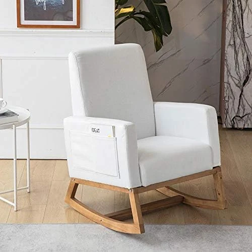 Paddie Rocking Chair Nursery Fabric Rocking Sofa Armchair With Solid Wood Base, Side Pocket, Linen Fabric Upholstered Baby Rocking Chair For Living Room (Beige) - Image 9