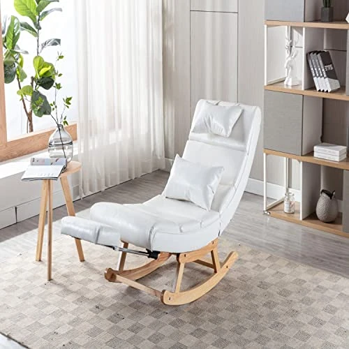 Yeag Modern Rocking Chair, Upholstered PU Leather Glider Chair With Pillow, Comfy Armless Rocker Chair With Large Back And Pull Out Pedal For Nursery, Living Room, Bedroom