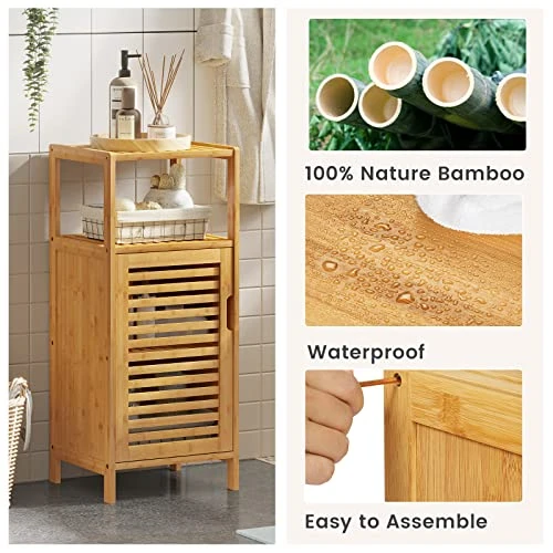 VIAGDO Bamboo Cabinet, Bathroom Storage Cabinet With Single Door And Shelf, Freestanding Bathroom Cabinet, Kitchen Cupboard, Sofa Side Table For Living Room/Hallway/Bedroom/Kitchen - Image 6
