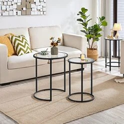 Yaheetech Round Nesting End Table Set Of 2,Stacking Side Tables,Coffee Tables Set W/Metal Frame & Glass Top & Protective Foot Pads For Small Space, Living Room, Office- Black